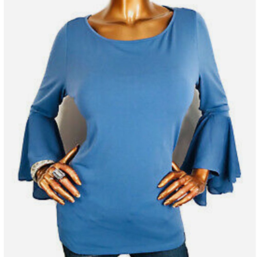 JOAN VASS Bell Sleeve Top BLUE Size LARGE